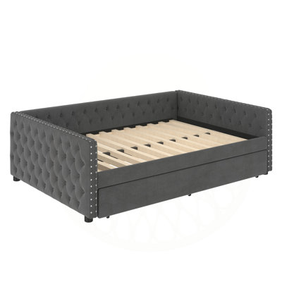 Modern Upholstered Sofa Bed With Twin Trundle - Tufted Button Design And Metal Nailhead Accents For Living Room, Guest Room, Or Studio