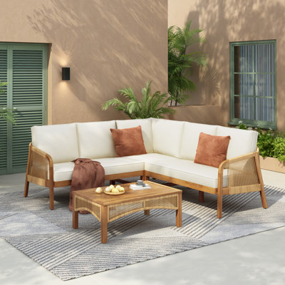Ernesto 4-Piece Coastal Boho Acacia Wood Outdoor Conversation Set With Cushions