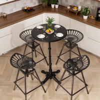 SET OF 5, Patio Balcony Front Porch Bar Set, Cocktail Bistro Bar Height Pub Table & Stools Set, 43.3" Tall Metal Round Standing Table And 4 Cast Iron