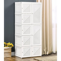 Portable Wardrobe Closet, Folding Bedroom Armoire, Clothes Storage Organizer with 8 Cube Compartments, Hanging Rod, Magnet Doors, White by Rebrilliant