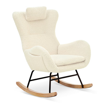 Rocking Chair Nursery, Teddy Upholstered Rocker Glider Chair With High Backrest, Adjustable Headrest & Pocket, Comfy Glider Chair For Bedroom, Living