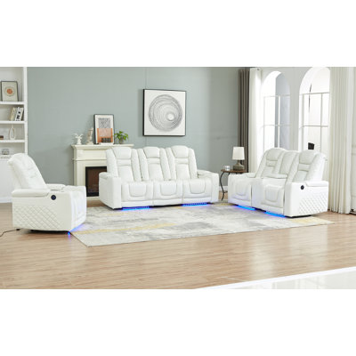 Genuine Leather 3 Piece Power Recliner Set With Bluetooth Speaker And LED Light
