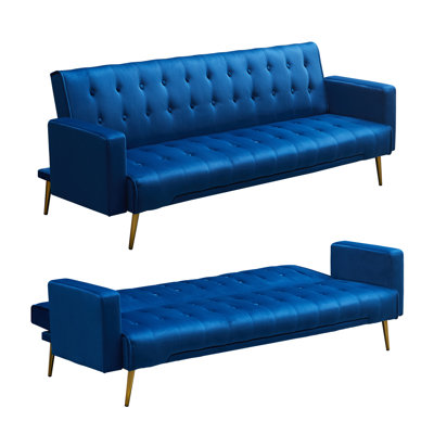 Modern Velvet Convertible Sofa Bed With Tufted Design & Golden Metal Legs