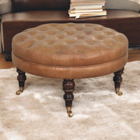 Brown Buffalo Leather Round Ottoman With Castor Legs