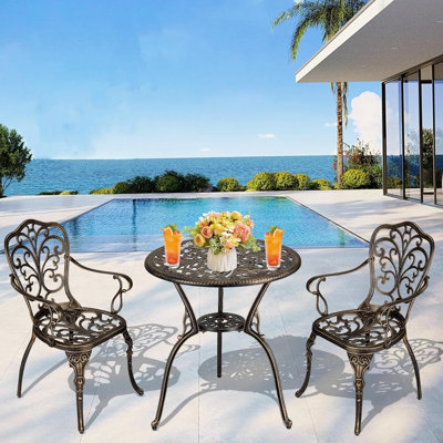 3 Piece Bistro Set, Outdoor Rust-Resistant Cast Aluminum Bistro Table and Chairs Set of 2, All Weather Patio Bistro Set with Umbrella Hole for Backyar by Fleur De Lis Living