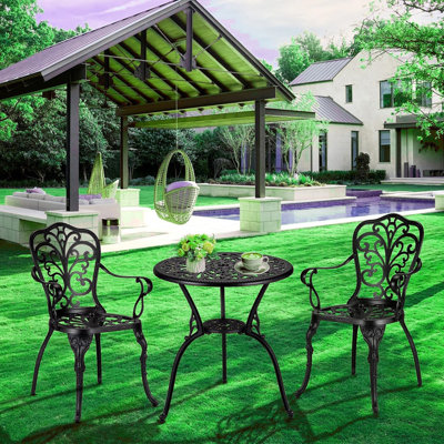 3 Piece Bistro Set, Outdoor Rust-Resistant Cast Aluminum Bistro Table and Chairs Set of 2, All Weather Patio Bistro Set with Umbrella Hole for Backyar by Fleur De Lis Living