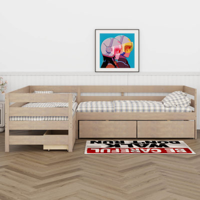 Twin Size L-Shaped Platform Bed For 2, Wood Kids Platform Bed Frame With 3 Storage Drawers And Guardrail, Sturdy Slats Support by Lark Manor