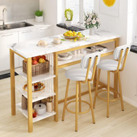 Modern 3-Piece Bar Table Set with PU Cushion Stools & 3-Tier Storage by Wrought Studio