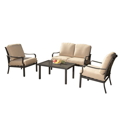 Outdoor 4 Pcs Patio Conversation Set, Metal Dining Table And Chairs Dining Set, Patio Set, Outdoor Sofa Set, Conversation Set by Winston Porter