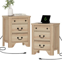 Haikey Farmhouse Wood Nightstand Set of 2 With Built-In Charging Station by Lark Manor
