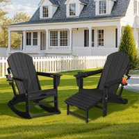 Outdoor HDPE Folding and Rocking Adirondack Chair With Double Cup Holder and Ottoam by Highland Dunes