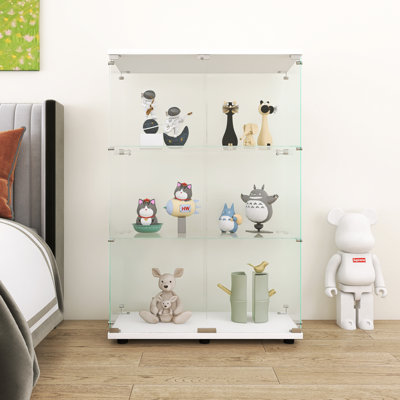 Two-Door Glass Display Cabinet 3 Shelves With Door, Glass Display Case, Floor Standing Curio Bookshelf