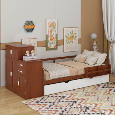 Twin Size Wood Platform Bed With Sample Bookshelf And Movable Wardrobe, Multifunctional Bed With Built-In Trundle Bed