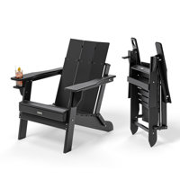 Black Oversized HDPE Patio Folding Adirondack Chair With Cup Holder by Highland Dunes