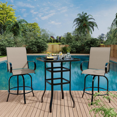 3 Piece Patio Swivel Bar Sets, 3PCS Outdoor High Top Bar Set With 2 Outdoor Swivel Chairs And Glass Bar Table by Lark Manor