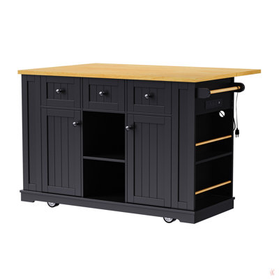53Inch Large Kitchen Island With Drop Leaf, Power Outlet, Door Internal Storage Rack, Rolling Kitchen Cart On 5 Wheels With 5 Open Side Racks For Kitc by Latitude Run