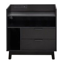 Mid Century Modern Nightstand With Charging Station And LED Lighting, 2 Drawers, Wooden Color