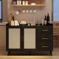 47.12" W Coffee Bar Wine Cabinet With 14-Grid Wine Rack, 3 Drawers, & Woven Rattan Doors