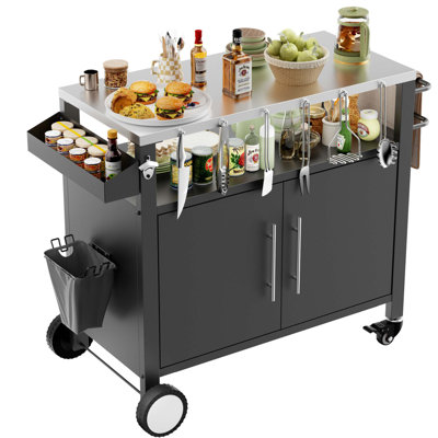 Two Doors Outdoor Grill Cart With Patio Furniture, Outdoor Grill Table With Storage,Rolling Bar Cart Outdoor Bbq Cart With Hooks And Spice Rack For G by Red Barrel Studio