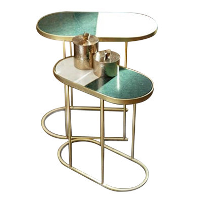 Iron Oval Nesting Tables with 2-Tone Inlay Marble Tops by Everly Quinn