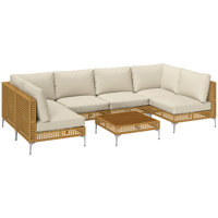 7 Piece Wicker Patio Furniture Set, Modular Outdoor Sectional with Thickened Cushions, Rattan Outdoor Furniture Conversation Set with Slatted Acacia W by Ivy Bronx
