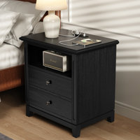 2 Drawers Solid Wood Nightstand With Storage and Open Shelf, Built-In 2 Power Outlets, 1 Usb Port, And 1 Type C Port by Lark Manor