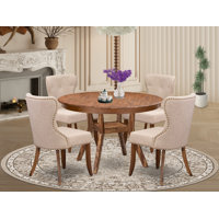 Modern Dining Set Includes a Pedestal Kitchen Table and Light Tan Linen Fabric Chairs with Button Tufted- Antique Walnut by Red Barrel Studio