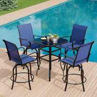 5Pcs Outdoor Swivel Bar Set With 4 Swivel Chairs And Glass Top Table, All Weather Textile Fabric Outdoor Bar Height Chairs And Table Set Of 5 For Dec by Lark Manor