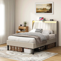 Platform Bed Frame with Fabric Upholstered Headboard and Wooden Slats Support