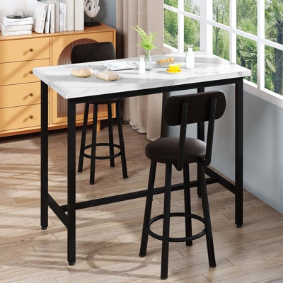 Space-Saving 39" Bar Table Set for 2 with PU Leather Stools - White Marble MDF Counter Height Dining Set by George Oliver