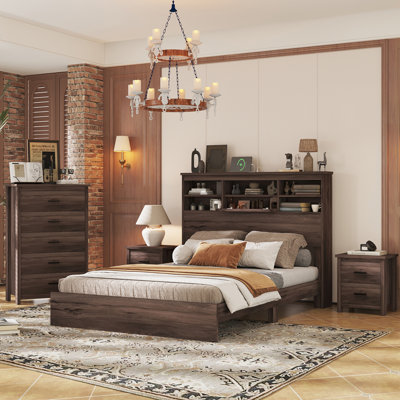4-Pieces Bedroom Sets Queen Size Vintage Wooden Bed Frame With 2 Nightstands And 1 Dresser by Gracie Oaks