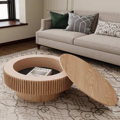 Round Modern Coffee Table With Hidden Storage - Natural Wood Veneer & Solid Wood+MDF Construction, Multi-Functional Accent Table For Living Room, Bedr by Brayden Studio