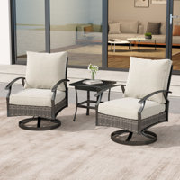 Charron 3 Pieces Set Metal Outdoor Patio Furniture Swivel Chairs Set with Cushions and End table and Wicker Decor