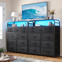 11 Drawer Dresser With 2-Tiers Shelf, Dresser For Bedroom With Led Lights, Power Outlets, Tall Chest Of Drawers by Wrought Studio