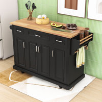 Kitchen Island with Rubber Wood Drop Leaf, Embossed Texture Rolling Kitchen Cart on 4 Wheels with 4 Doors and 3 Drawers by Winston Porter