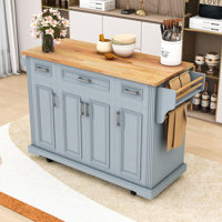 Kitchen Island with Rubber Wood Drop Leaf, Embossed Texture Rolling Kitchen Cart on 4 Wheels with 4 Doors and 3 Drawers by Winston Porter