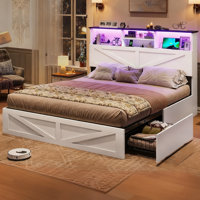 Farmhouse Bed Frame with LED Headboard & 4 Storage Drawers - Wooden Platform Bed, Bookcase Storage, No Box Spring Needed by Wrought Studio