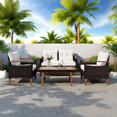 4-Piece Patio Seating Set With Pe Rattan, Curved Armrests, A Cover And Adjustable Feet