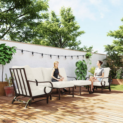 5 Piece Patio Furniture Set with 2 Rocking Chairs, 3-Seat Sofa, 2 Ottomans, Outdoor Conversation Set with Wide and Deep Seating, Metal Frame for Garde