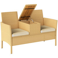 Rattan Patio Loveseat with Built-in Flip-Top Coffee Table, Outdoor Wicker Sofa with Hidden Storage and Cushions for Balcony, Garden, Lawn, Backyard, K by Ebern Designs
