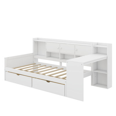 Wooden L-Shape Daybed With Seven Storage Cabinets And Two Storage Drawers, Multi-Functional Bed With Study Desk And Built-In Bookshelf