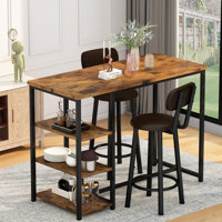 Rustic Brown Bar Table Set for 2 with Storage Shelves - 350 lbs PU Leather Stools, Space-Saving Design for Small Kitchens & Apartments by 17 Stories
