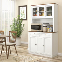 71" Tall Kitchen Pantry Storage Cabinet With Microwave Stand, Freestanding Buffet With Hutch, 2 Drawers, 5 Doors, Adjustable Shelves And Glass Doors F