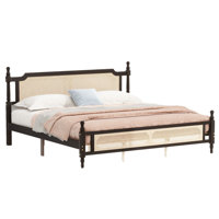 Pine Wood Platform Bed, Bed With Rattan Headboard & Footboard, Central Enhanced Bed Platform Design,No Box Spring Required