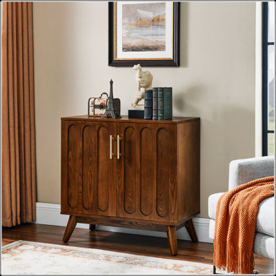 Mid Century Modern Fluted Sideboard Cabinet with Adjustable Shelves & Solid Wood Legs, Buffet Cabinet with Storage, Walnut Storage Cabinet for Living by George Oliver