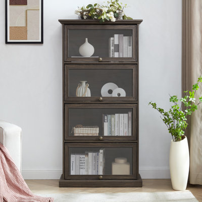 Glass display cabinet 4 Tier Glass Display Cabinet Storage Curio Cabinet with Flip up Glass Doors by Lark Manor