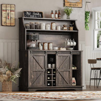 47" Farmhouse Coffee Bar with 3-Tier Storage, Kitchen Hutch with 9 Wine Racks & 3 Glass Holders, Coffee Hutch Cabinet with 6 Hooks, Wine Bar Cabinet f by Gracie Oaks