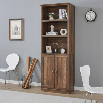 1 Doors Bookshelf with USB Port and 3 Open Shelves Bookcase Side Cabinet Storage Shelves