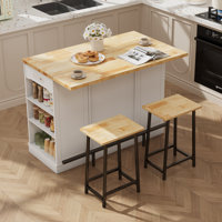 Kitchen Island With Storage Cabinet And Trash Cabinet, 3 Pieces Kitchen Dining Table Set With 2 Stools And Drop Leaf by Lark Manor
