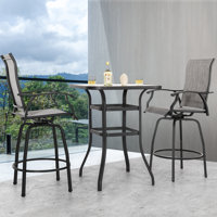 3 Pcs Patio Bar Set, Outdoor Tempered Glass Square Bar Table And Textilene Swivel Bar Stools With High Backrest, Bar Height Outdoor Table And Chairs F by Red Barrel Studio